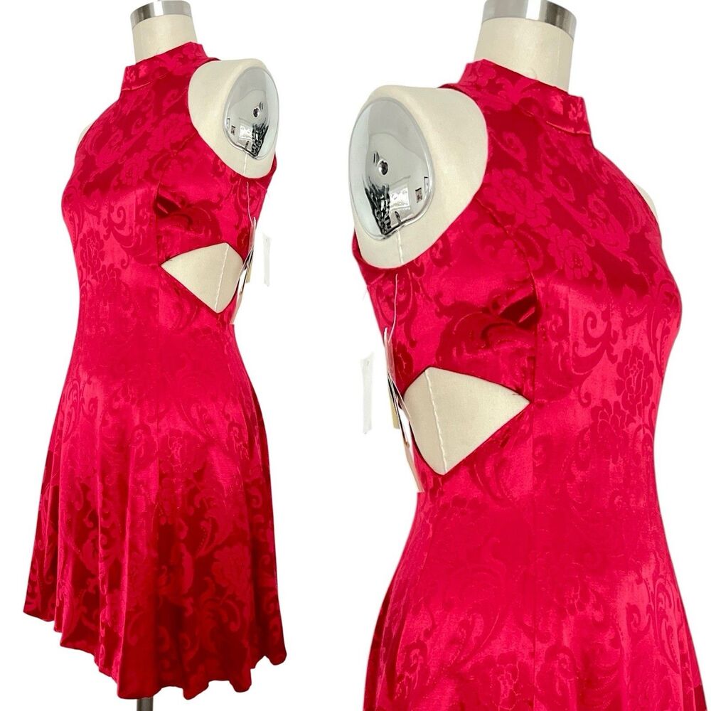 NWT! VTG 90s XS Jessica McClintock Gunne Sax Red Brocade Mini Dress Side Cutouts